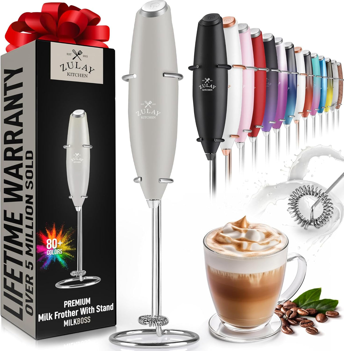 Zulay Kitchen Powerful Milk Frother Wand - Ultra Fast Handheld Drink Mixer - Electric Whisk Foam Maker for Coffee, Lattes, Cappuccino, Frappe, Matcha & Coffee Creamer - Milk Boss Gray