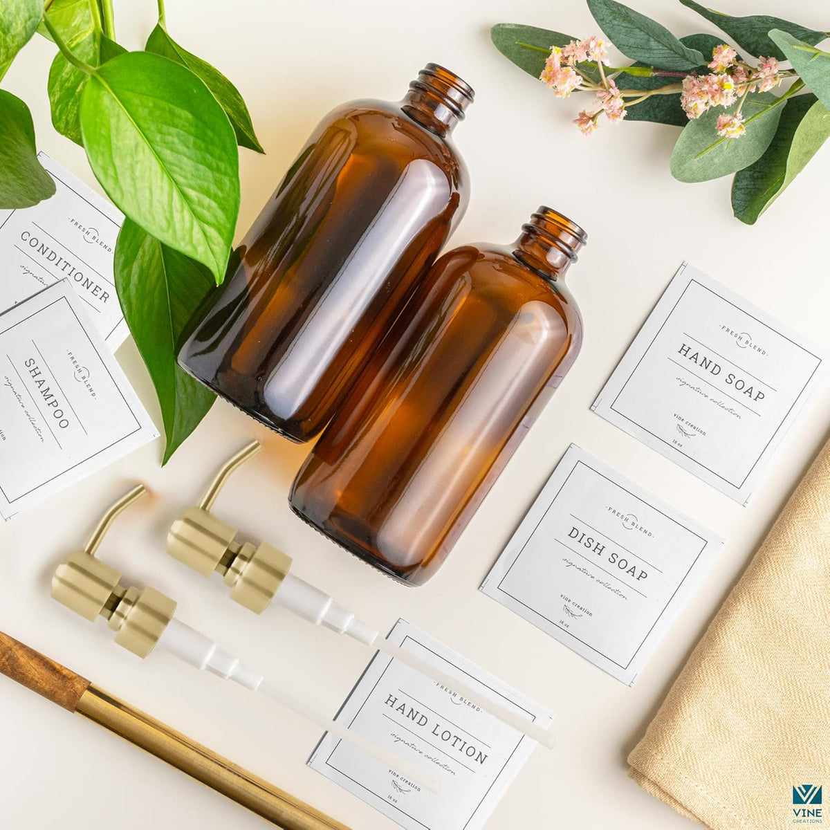 Vine Creations Amber Glass Soap Dispenser, 2 Pack Kitchen Soap Dispenser Set with Stainless Steel Pump, 16 oz Hand Soap and Dish Soap Dispensers for Kitchen or Bathroom with Waterproof Labels