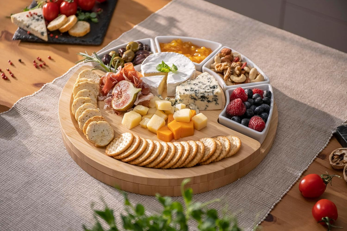 Charcuterie Cheese Board and Platter Set - Made from Bamboo Wood - US Patented 13 inch Cheese Cutting Board and Knife for Entertaining and Serving - 4 Knives - 4 Bowls