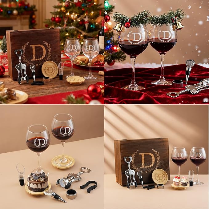 GZLDGIFTS Personalized Initial Wine Glasses Box Gift Set For Women Mom Engraved Birthday Monogrammed Wooden Christmas Gifts Wedding Anniversary Wine Couples Stopper Opener Initial Letterr (G Set)