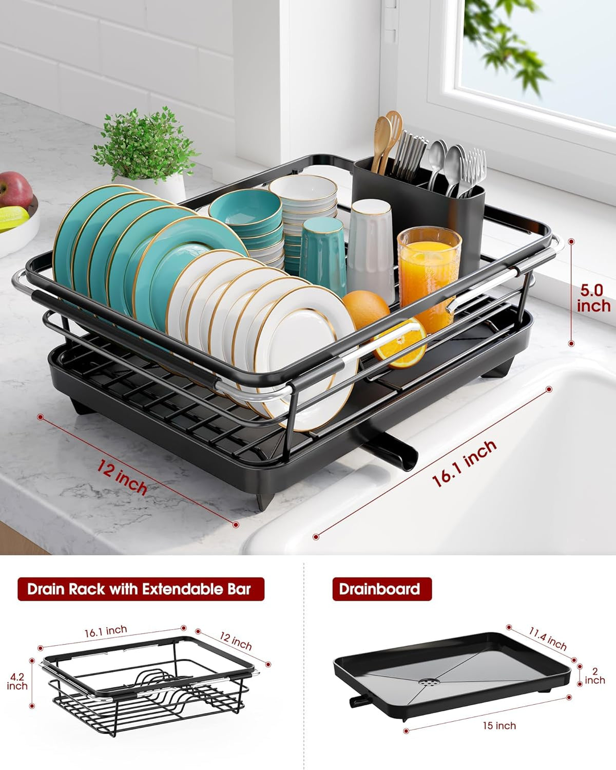 Over Sink Dish Drying Rack with Drain Board, Stainless Steel 2 in 1 Sink Organization and Storage, Dish Drainer for Kitchen Counter, Home and Apartment Essentials, 12" W x 16.1~23" L, Black