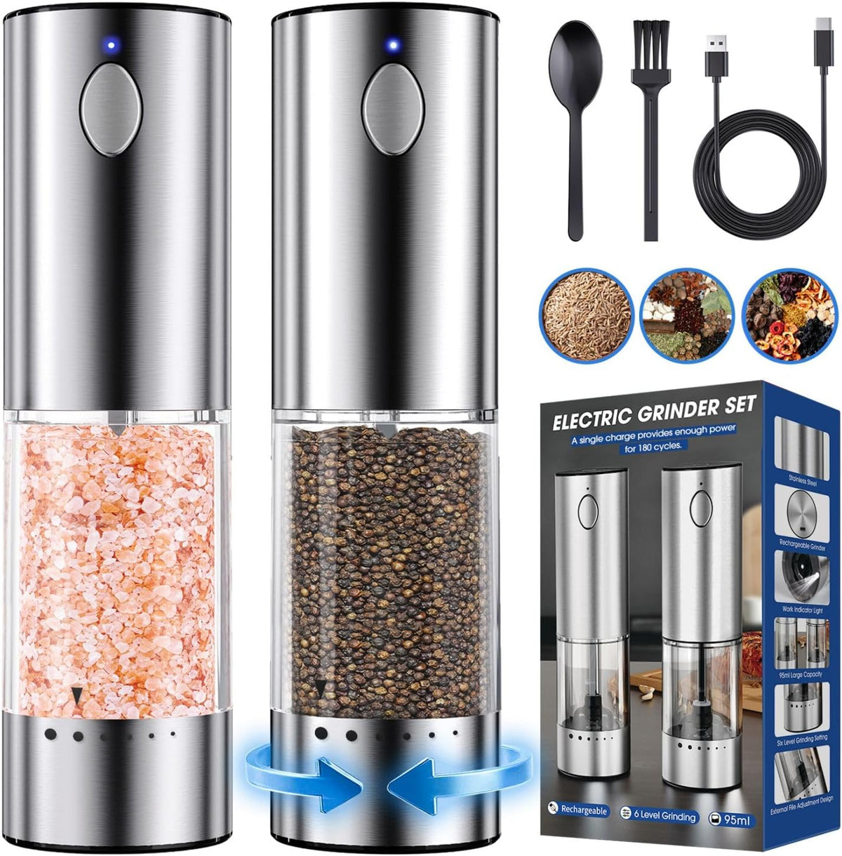 HomeHacks Upgraded Larger Capacity Electric Salt and Pepper Grinder Set, Rechargeable Type-C with LED Light, Stainless Steel Automatic & 6 Adjustable Coarseness, Ideal for Housewarming/Christmas Gifts