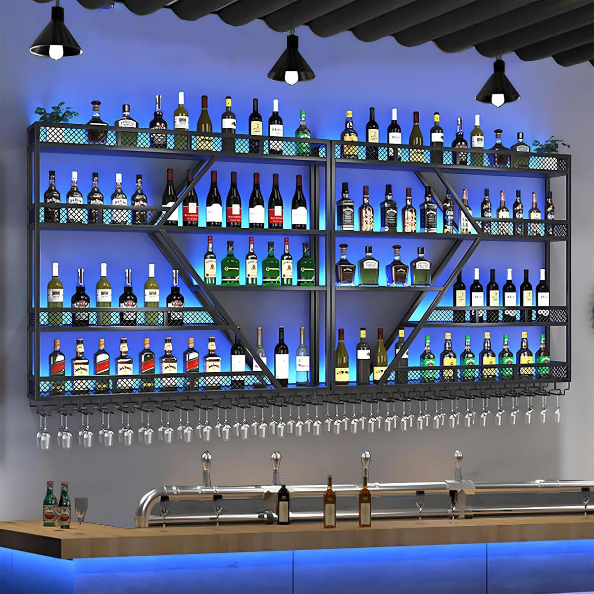 63in Metal Wine Rack Wall Mounted, Modern Wine Storage Rack Wall Mounted with Wine Glass Holder, Liquor Shelf, Bar Shelves for Liquor Bottles (4 Tiers Black, 63 * 7.87 * 48.5INCH)