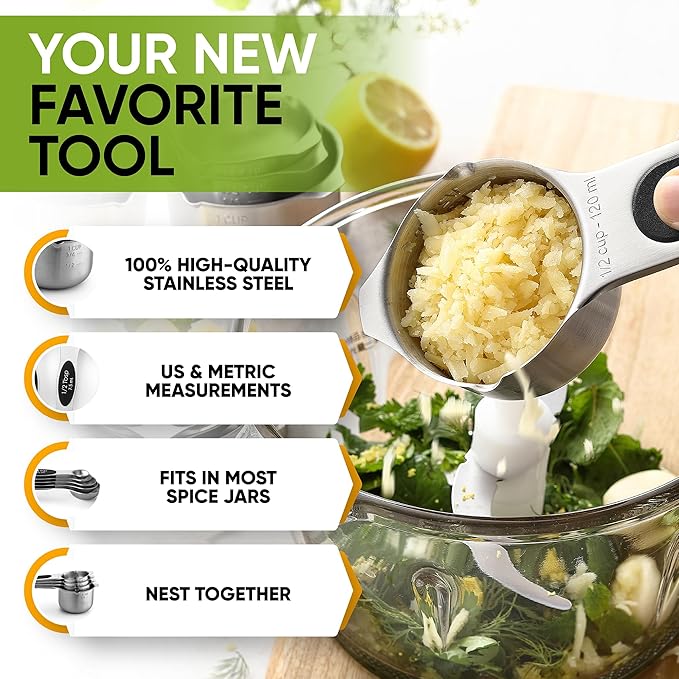 Spring Chef Magnetic Measuring Cups & Spoons Set, Patented, Strong N45 Magnets, Heavy Duty Stainless Steel Fits in Spice Jars for Baking & Cooking, BPA Free, Round Set of 9, Black