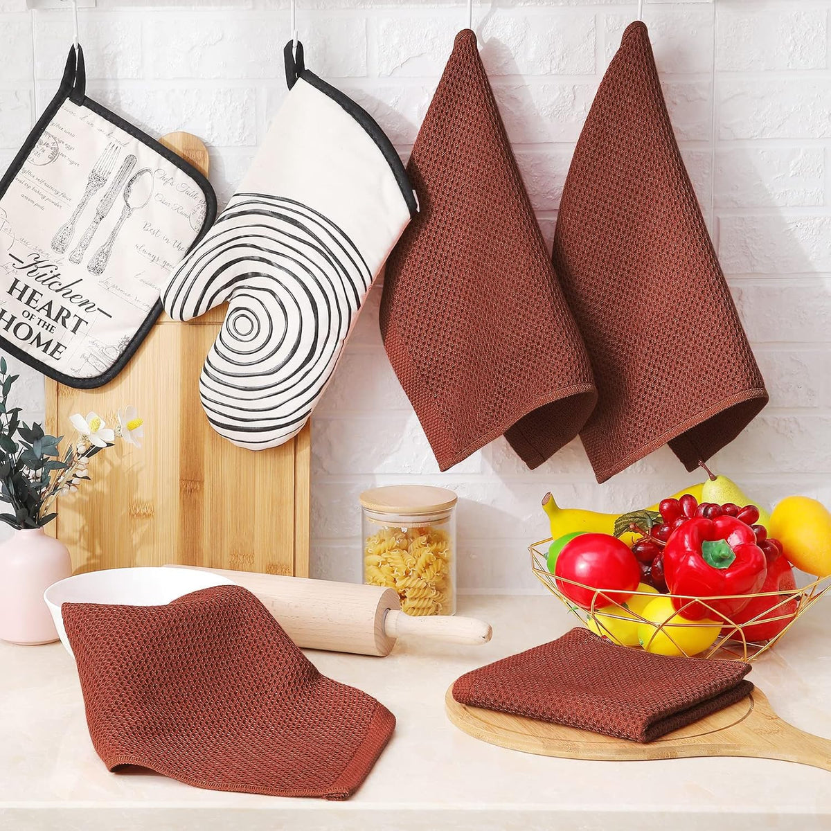 Homaxy 100% Cotton Waffle Weave Kitchen Dish Cloths, Ultra Soft Absorbent Quick Drying Dish Towels, 12 x 12 Inches, 6-Pack, Rust