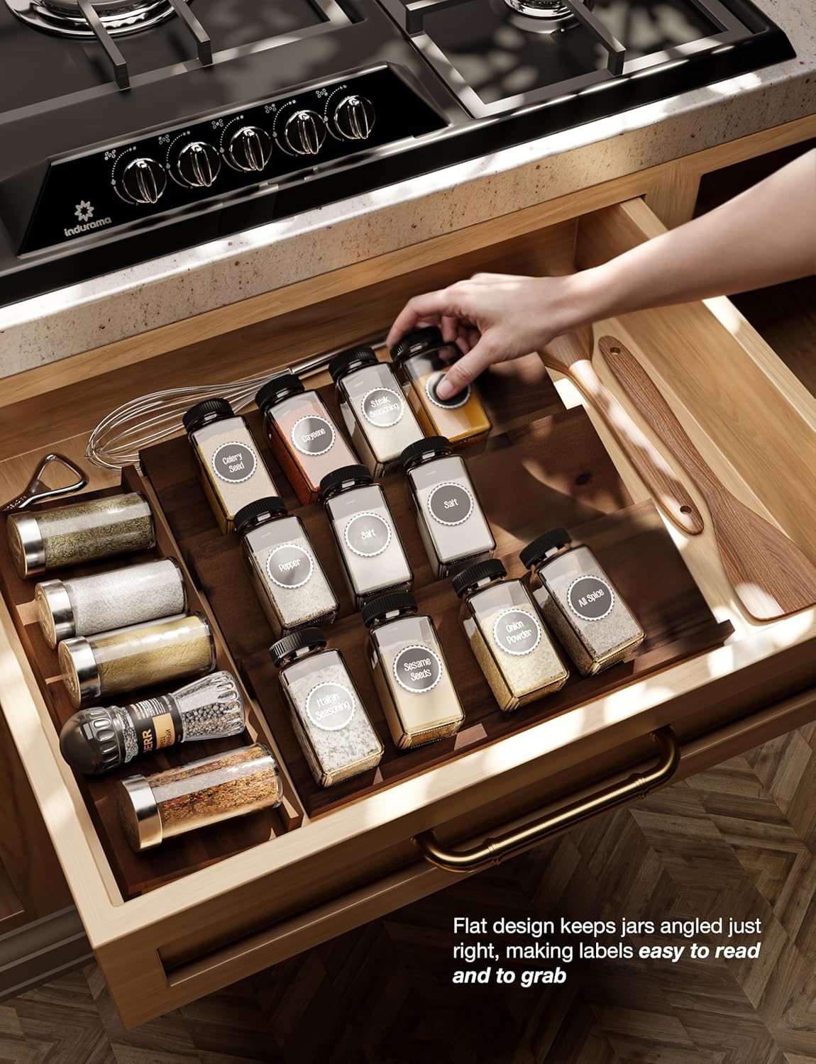 Tinamo 8-Pack Acacia Wooden Spice Drawer Organizer - Spice Organization for Cabinet, Seasoning Organizer for Cabinet - Organizador De Especias De Cocina - 64 Standard Jars, Multi-Tier (Walnut color)