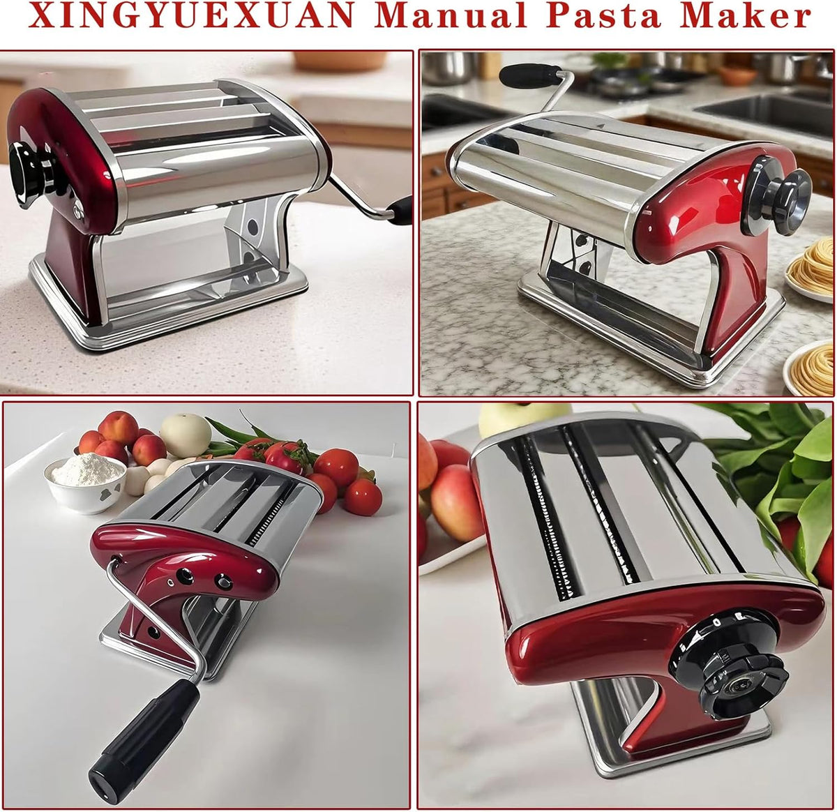 XINGYUEXUAN Manual Pasta Maker - Stainless Steel Noodle Machine with 2mm/4mm Cutters, Hand Crank for Homemade Spaghetti & Fettuccine