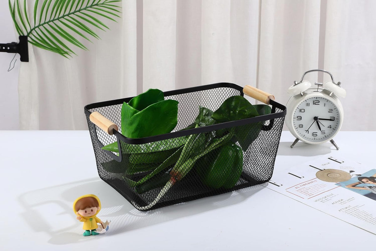 Metal Mesh Steel Basket, Medium Wire Storage Organizer Basket Multi-function Hanging Kitchen Basket with Wood Handle for Kitchen Bathroom Picnic Home, Rectangle-Black