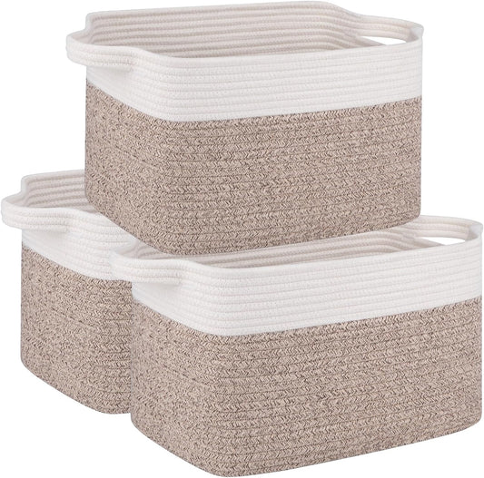 OIAHOMY 3 Pack Storage Baskets for Organizing, 13''X9.85''X8.7'' Storage Bins,Woven Basket with Handles, Toy Storage Bin,Stylish Room Decor Basket, white & Brown variegated