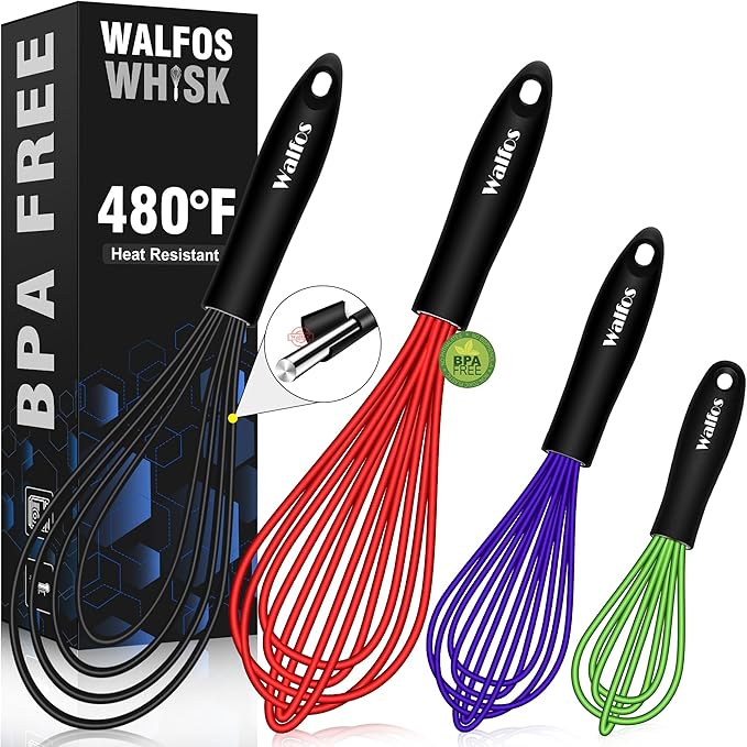Walfos Whisk,Whisks for Cooking Non Scratch.Silicone Whisk Set of 4 Kitchen Wisk-11in Flat wisk and 7+9+11in Balloon Whisk.Nice for Mixing,Whisking and Stirring.Dishwasher Safe.(4pcs-Colorful)