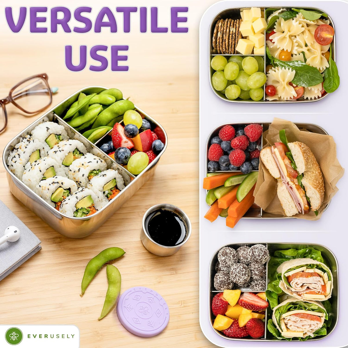 Everusely - Bento Box - Lavender, 27oz / 0.8 L - Stainless Steel Lunch Box with Leakproof Condiment Container - 3 Compartment Snack Organizer for On the Go Meals - Freezer & Dishwasher Safe