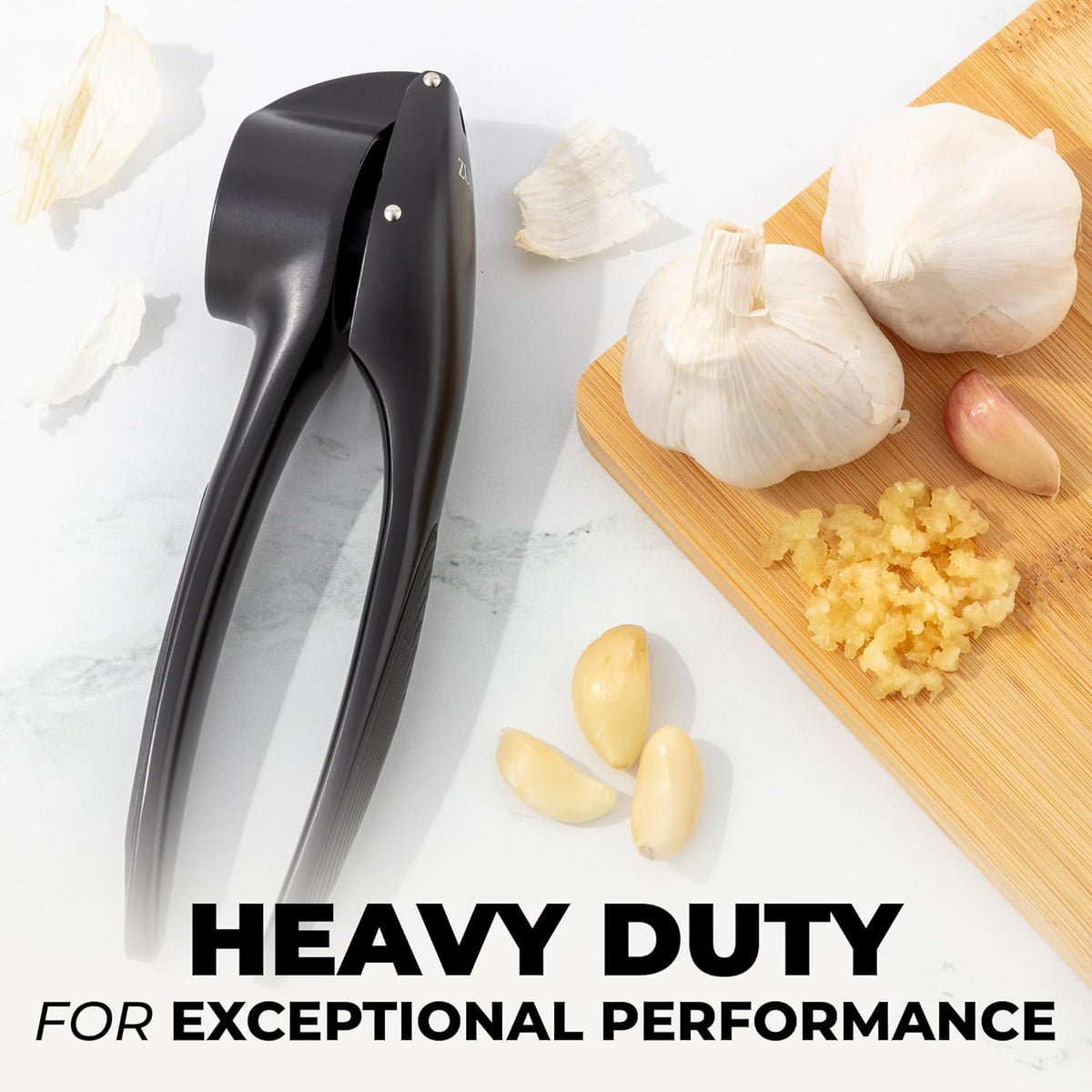 Zulay Kitchen Large Premium Garlic Press Set – Rust Proof & Dishwasher Safe, Bigger Bowl Garlic Mincer Tool with Silicone Garlic Peeler & Brush, Easy Squeeze & Clean, Ergonomic Handle - Black