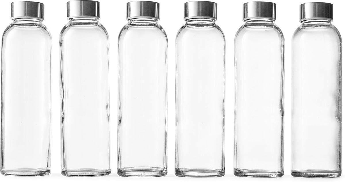 Epica Clear Glass Bottles with Lids, 18oz Resuable Glass Water Bottles for Juicing with Stainless Steel Cap to store Milk, Smoothie, etc., 100% Leak Proof, Durable and Dishwasher Safe (Set of 6)