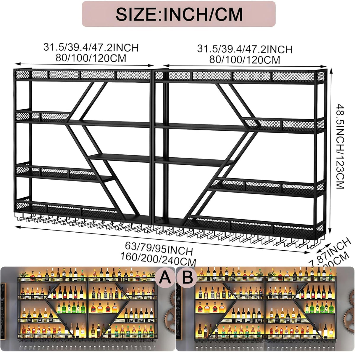 63in Metal Wine Rack Wall Mounted, Modern Wine Storage Rack Wall Mounted with Wine Glass Holder, Liquor Shelf, Bar Shelves for Liquor Bottles (4 Tiers Gold, 63 * 7.87 * 48.5INCH)