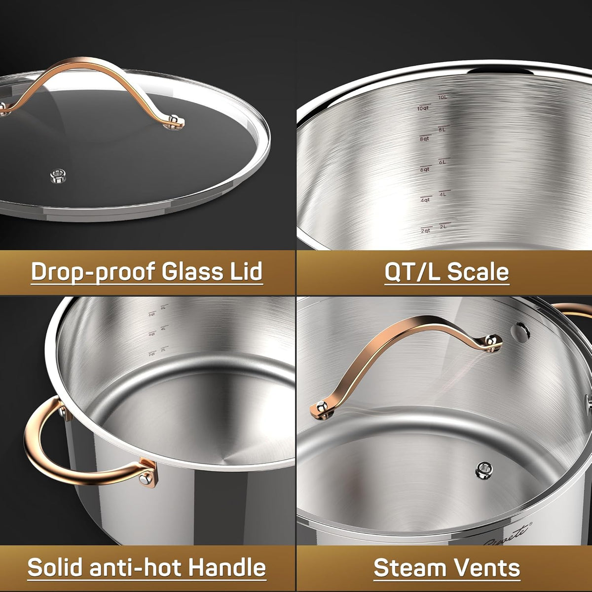 Stock Pot 12 Quart, 18/10 Tri-Ply Stainless Steel All Clad Stock Pot with Lid, Seamless 12 QT Cooking Pot with Copper Handle, Healthy Stockpots, Induction, Gas, Oven and Dishwasher Safe