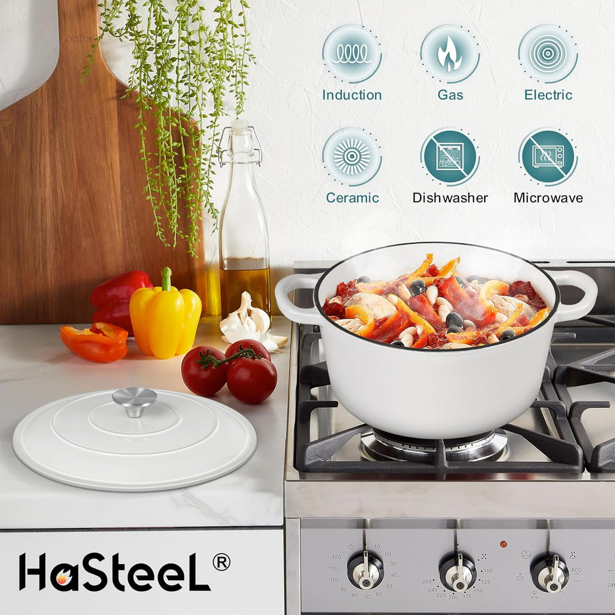 Small 3 Quart Dutch Oven, HaSteeL Round Cast Iron Cooking Pot with Lid, Nonstick Enameled Cookware for Sourdough Bread Baking Roasting Stewing Braising Frying, Heavy Duty & Oven Safe 500℉, White