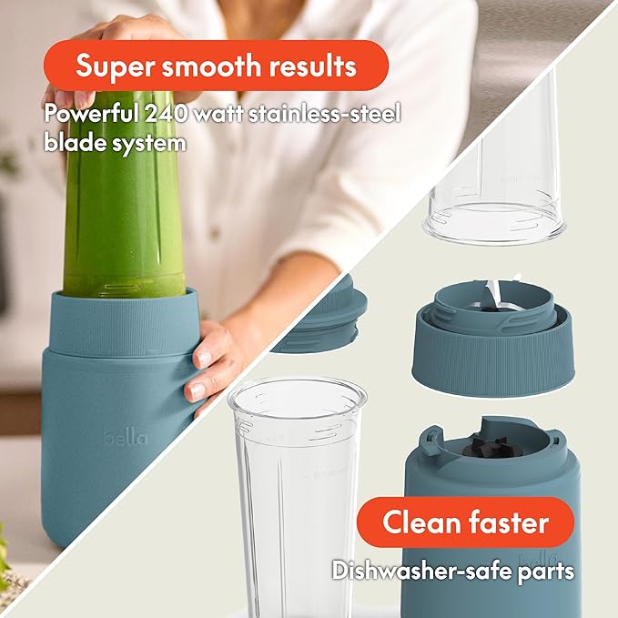 bella 6 Pcs Portable Rocket Blender, Juicer & Smoothie Maker, Press & Twist Design, EverGood™ & BPA Free Dishwasher Safe Parts, 4 Tip Stainless Steel Blade, Cord Wrap, 240 Watt Motor, Surf