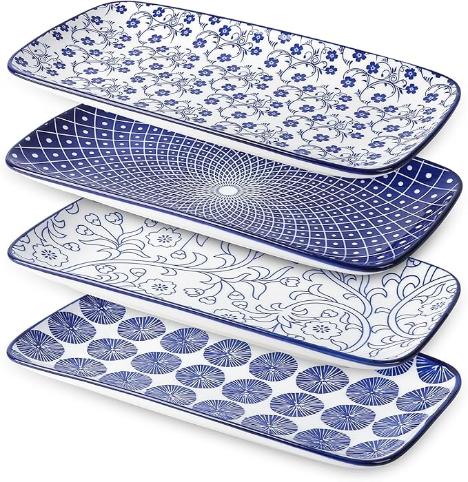 Selamica Ceramic Rectangular Salad Plates Set, Dinner Plate 9.4 Inch Dessert Plates for Party Entertaining, Small Serving Plates for Appetizers, Sushi, Fruit, Set of 4, Vintage Blue