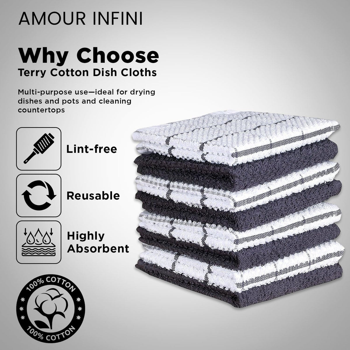 AMOUR INFINI Cotton Kitchen Dish Cloths Set of 8 – Highly Absorbent, Super Soft Premium Terry Cleaning Cloth (12"x12" Inch) Premium Dishcloths for Washing Dishes (Dark Grey)