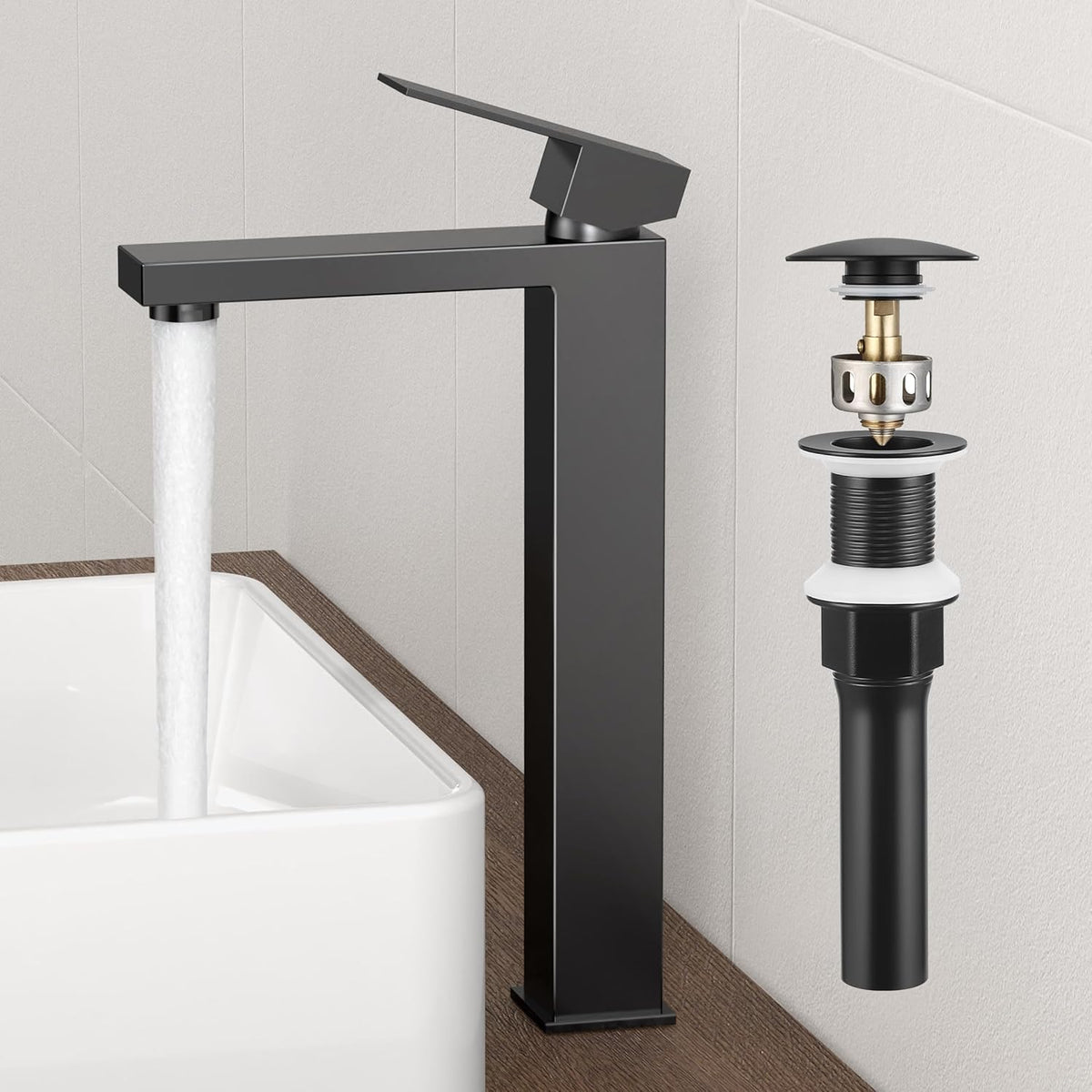 KES Vessel Sink Faucet and Drain Combo, Black Bathroom Faucets, Tall Faucets, All-Metal Pop Up Sink Drain NO Overflow, Matte Black, L3156BLFF12-BK-C2