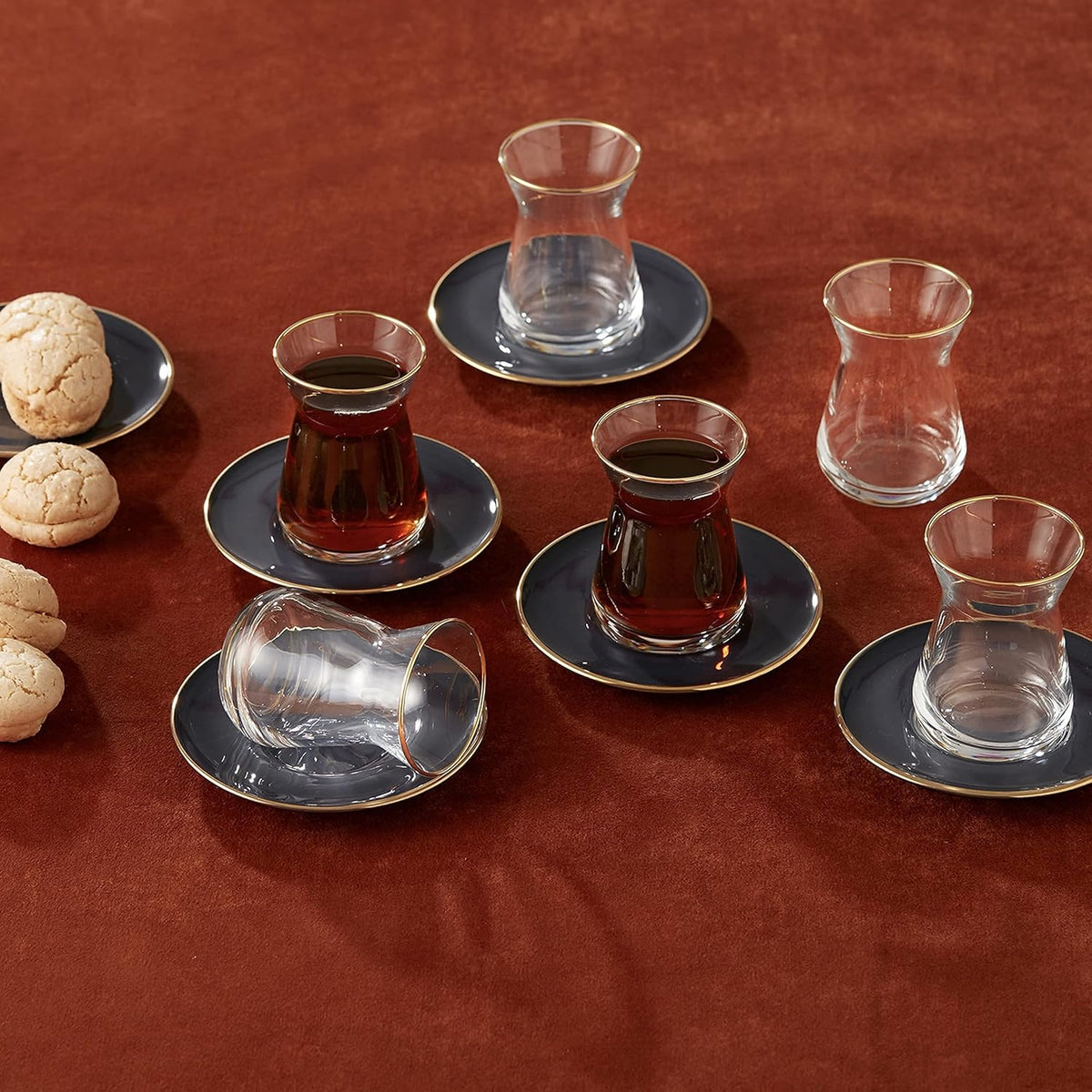 KARACA Retro Anthracite Tea Set for 6, 6 Turkish Tea Glasses, 12 Pcs, Gold Decal Details