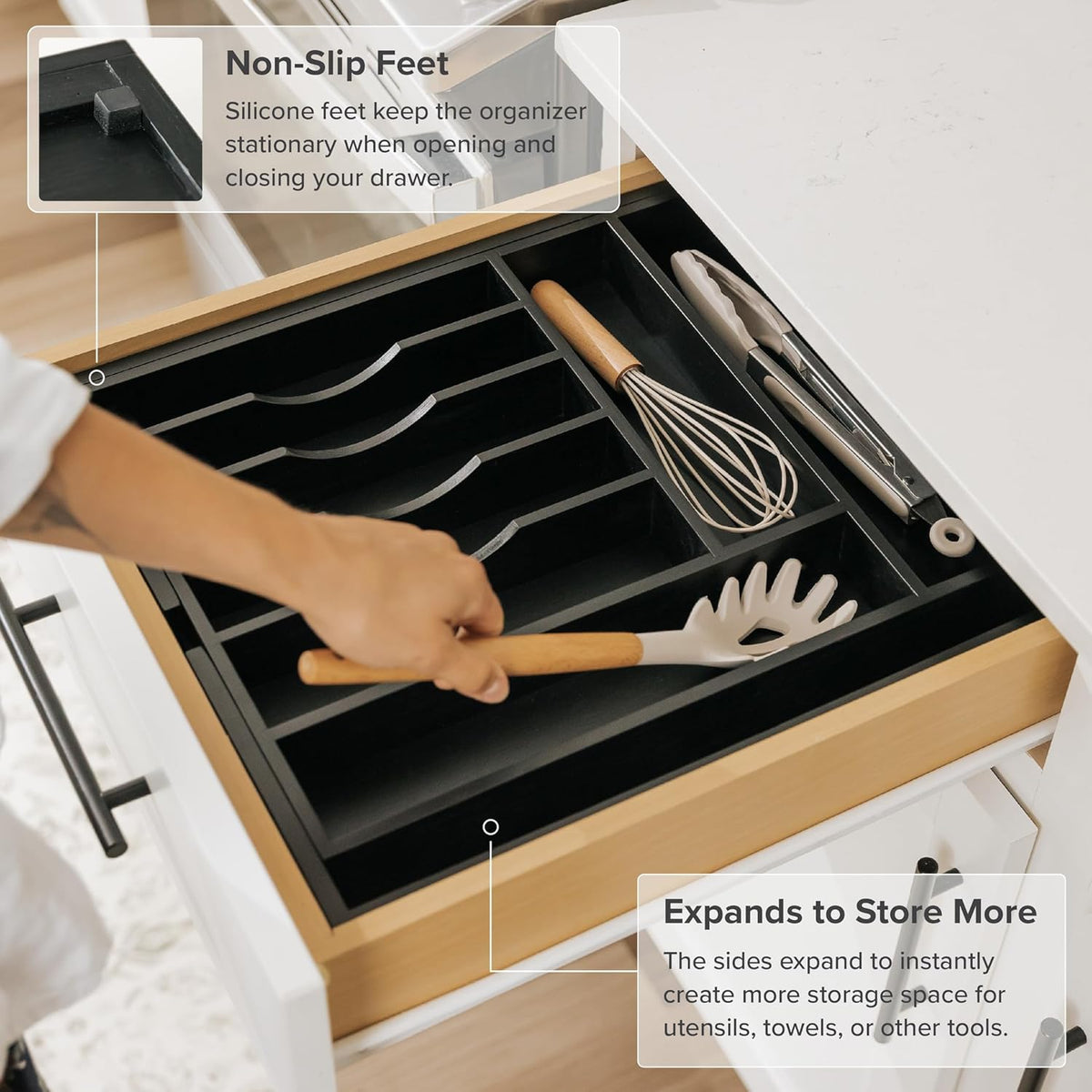 KitchenEdge Premium Silverware, Flatware and Utensil Organizer for Kitchen Drawers, Food-Safe Contract Grade, Expandable from 14.5 to 25 In, Black Bamboo