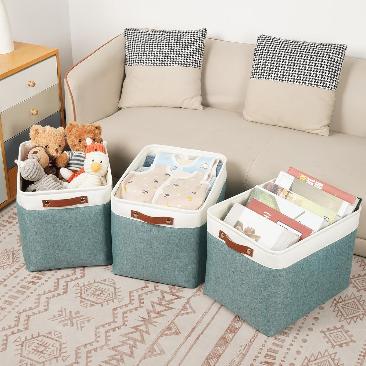 DULLEMELO Large Storage Baskets, Storage Basket with Handles for Shelves, Linen Closet Organizers for Home Office, Decorative Storage Baskets for Toys Storage (3 Pack, White&Deep Green)