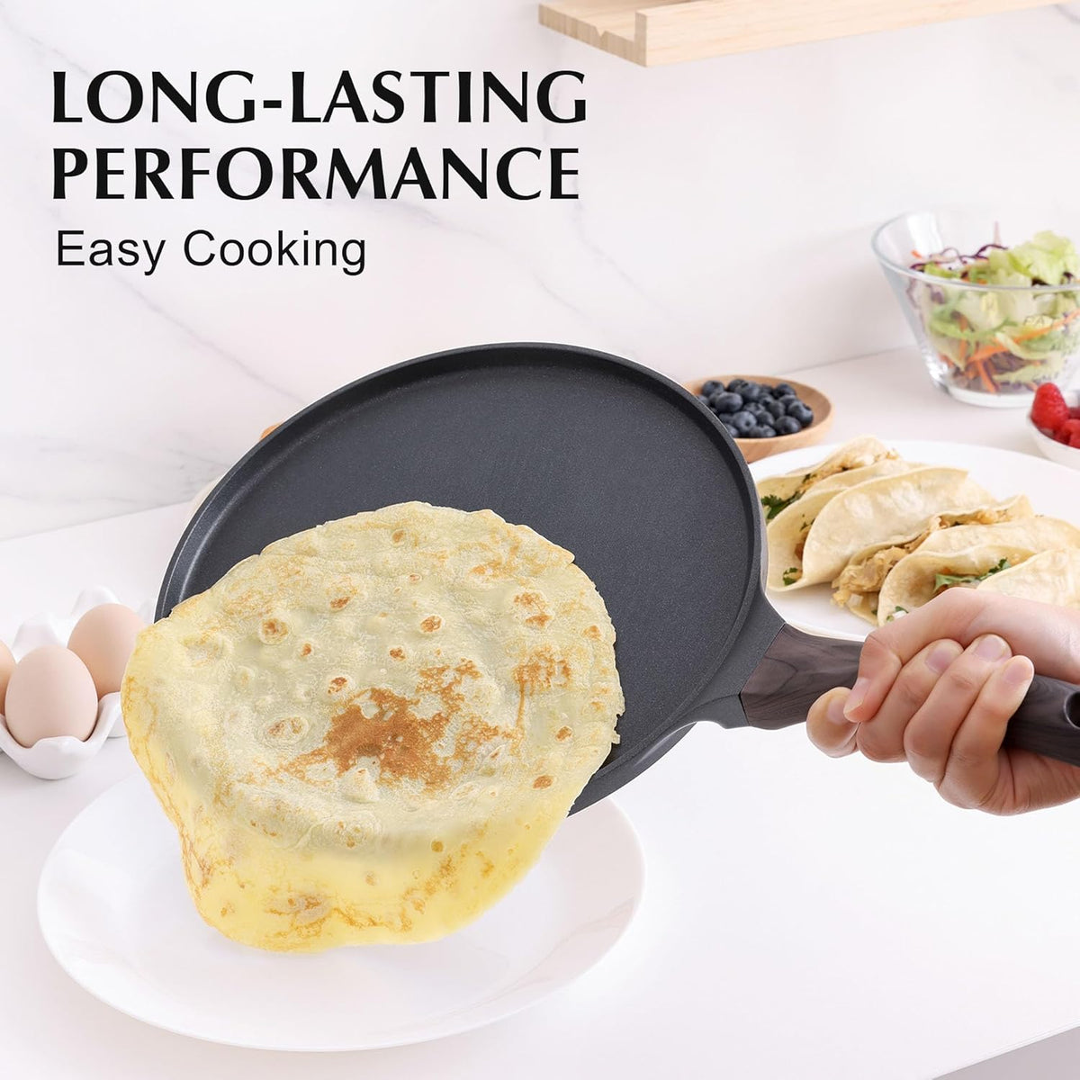 SENSARTE Nonstick Crepe Pan, Swiss Granite Coating Dosa Pan Pancake Flat Skillet Tawa Griddle 12-Inch with Stay-Cool Handle, Induction Compatible (Black)