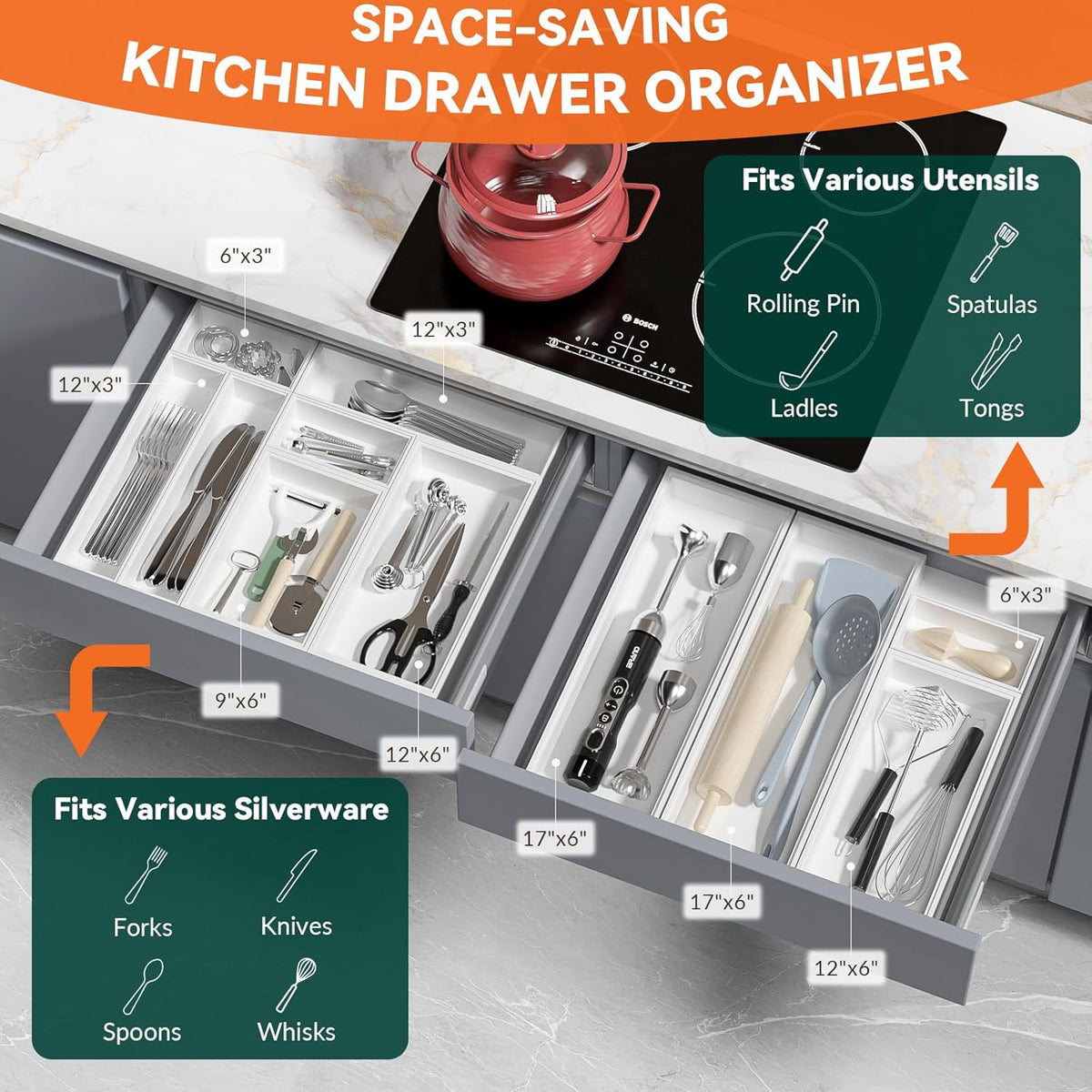 Bamboo Drawer Organizer, Narrow Silverware Organizer for Kitchen, Stackable Utensil Organizer, 2 Pcs Flatware Organizer for Drawer, Wooden Storage Box Tray (White, 12 X 3 X 2 Inch)