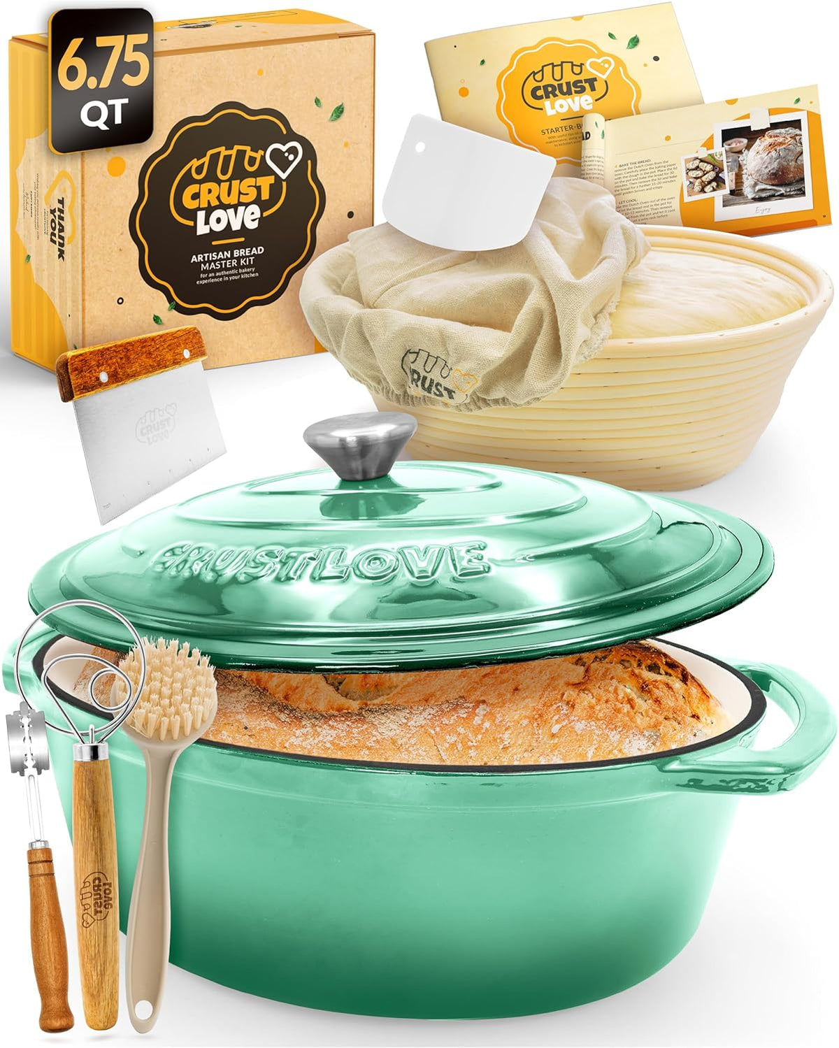 Dutch Oven for Baking - incl. Sourdough Baking Supplies like Banneton Proofing Basket - 6.75QT Enameled Oval Cast Iron Bread Oven with Lid and Scoring Tool Lame