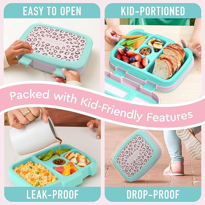 Bentgo Kids Prints Leak-Proof, 5-Compartment Bento-Style Kids Lunch Box - Ideal Portion Sizes for Ages 3-7, Durable, Drop-Proof, Dishwasher Safe, & PFAS & BPA-Free Materials (Leopard)