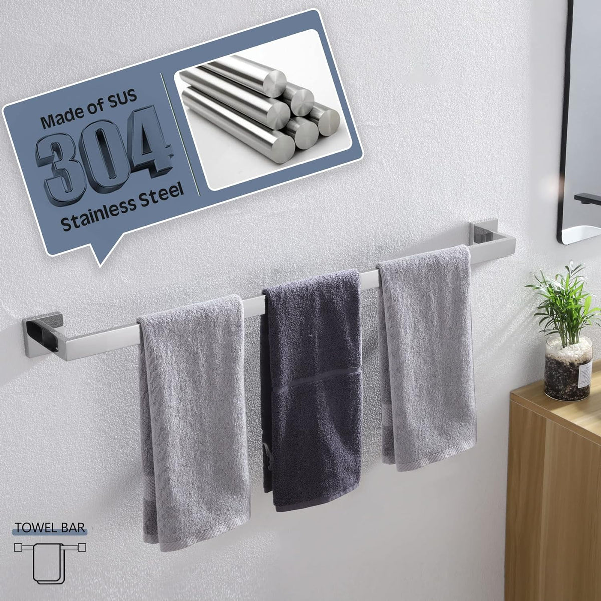 KOKOSIRI 32-Inch Single Towel Bar, Bathroom Kitchen Towel Holder, Wall Mounted SUS304 Stainless Steel Towel Rack, Polished Chrome, B4003CH-L32