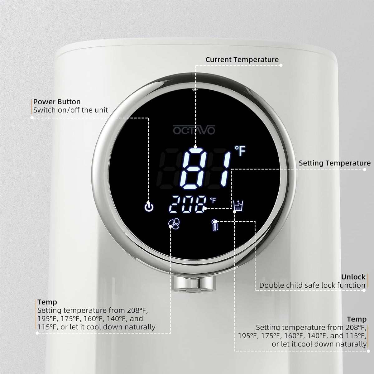 OCTAVO Water Boiler & Warmer 5 Liter, 304 Stainless Steel Water Tank, 700 Watt 6 Adjustable Water Temperature, LCD Touch Control Screen, Child Lock with Water Shortage Indicator