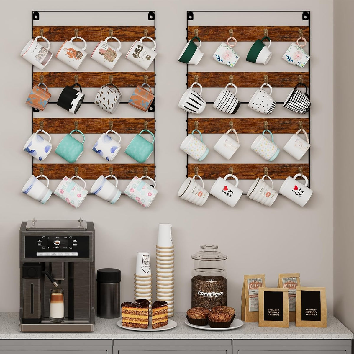 Mug Racks for Wall, Coffee Mug Holder Wall Mount Up to Hold 24 Mugs, Coffee Mug Rack Wall Mounted（3Pack） for Kitchen, Home, Coffee Bar, Rustic Wood and Iron