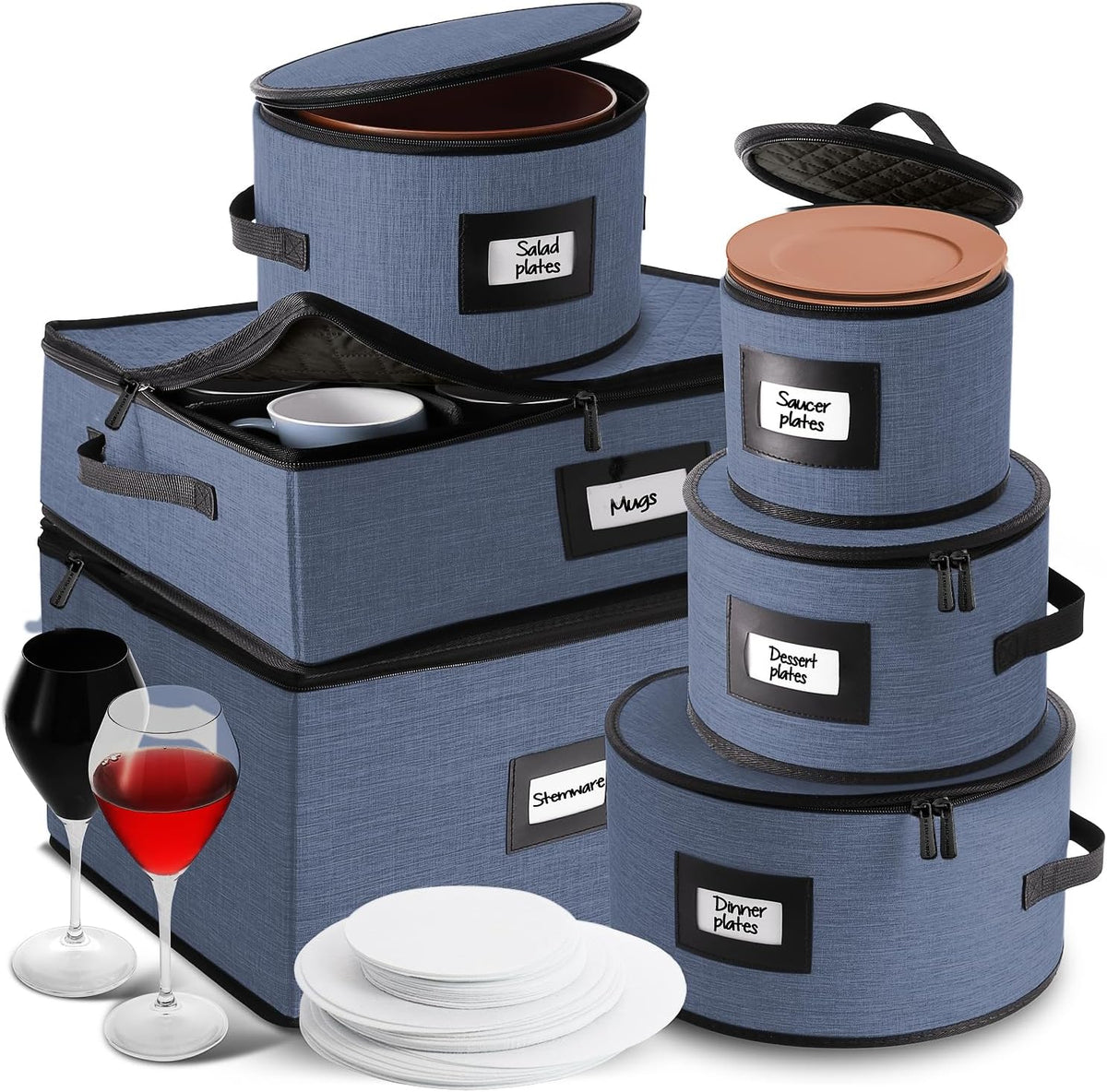 Hearth & Harbor Fine China Storage Containers, 6 Piece Dish Storage Containers, Stackable Plate Storage, Coffee Mug Storage and Wine Glass Storage Box with Dividers, Quilted Dish Organizers, Blue