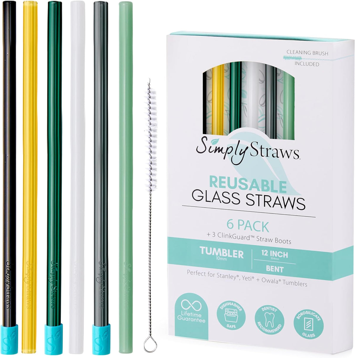 Simply Straws 12 Inch Glass Straws Straight (6-Pack) – Reusable Glass Straws for Stanley 40 Oz Tumbler, with Cleaning Brush – Durable, Dishwasher Safe, Hot & Cold Use, BPA-Free (Fjord Mist)