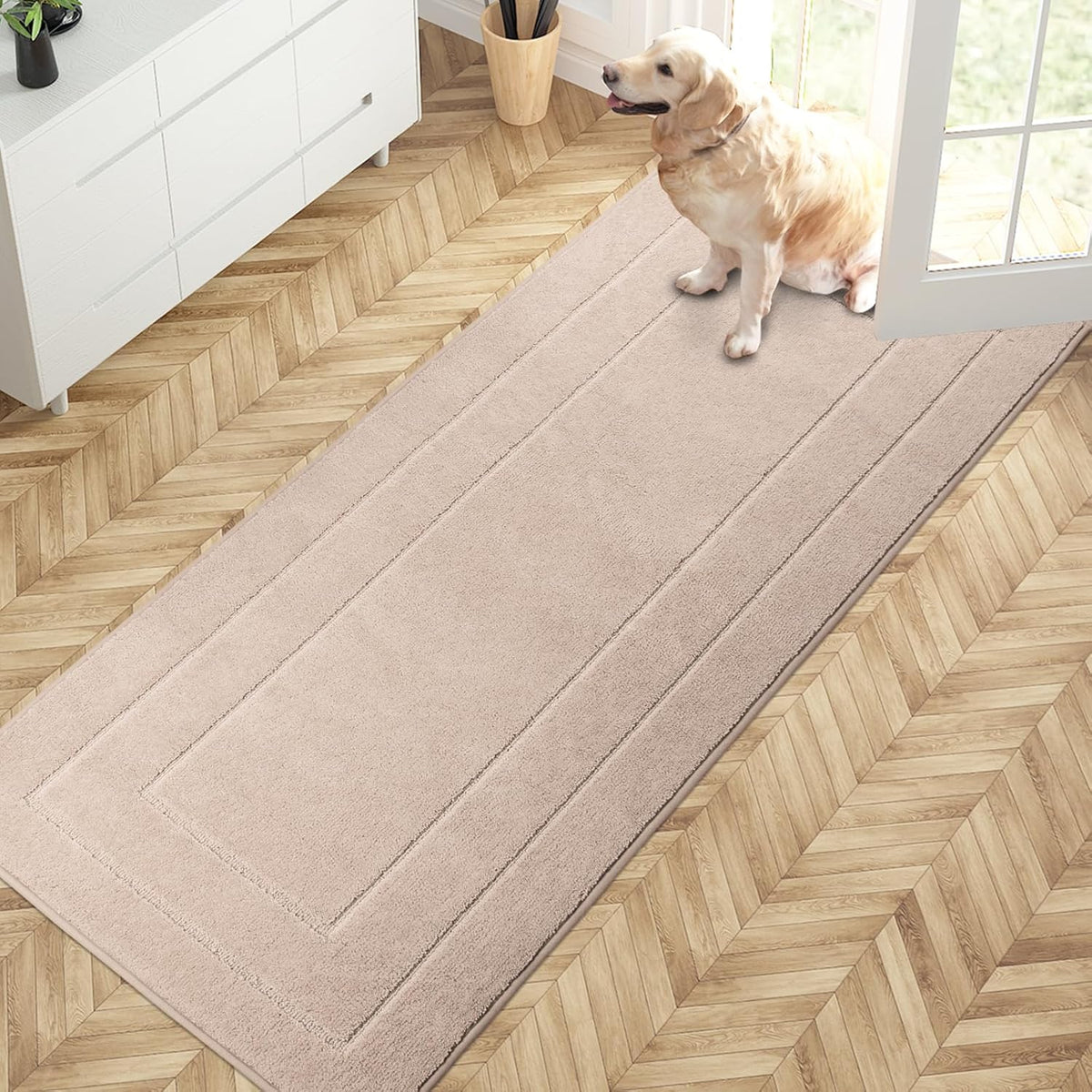 PURRUGS Dirt Trapping Door Mat 32" x 70", Non-Slip/Skid Machine Washable Entryway Rug, Dog Doormat, Super Absorbent Welcome Mat for Muddy Wet Shoes and Paws, Beige