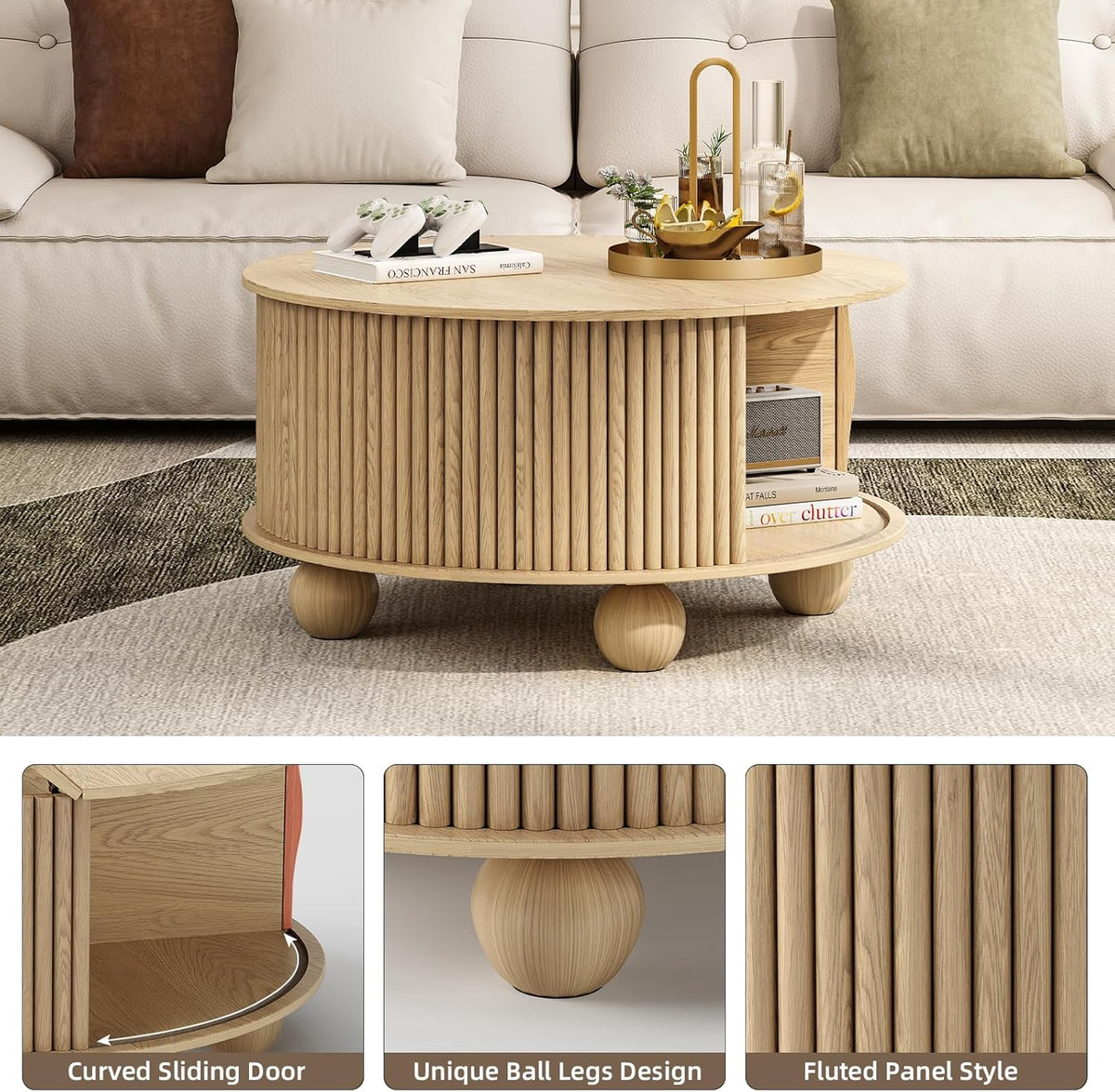 Round Coffee Table with Storage,31.5" Mid Century Modern Coffee Table with Bun Feet,Fluted Center Table for Living Room,Home Small Space,Oak