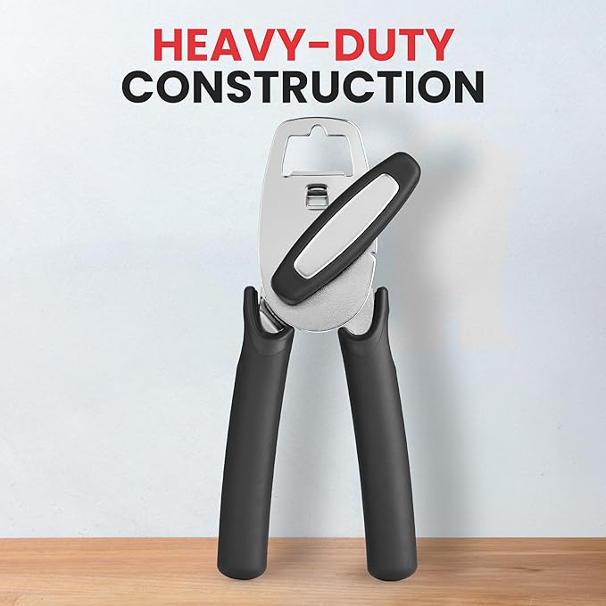 Zulay Kitchen Heavy Duty Stainless Steel Manual Can Opener – Ergonomic Soft Grip Handles, Smooth Edge Cutting Wheel & Large Built In Bottle Opener – Easy Turn Knob for Effortless Use - Black