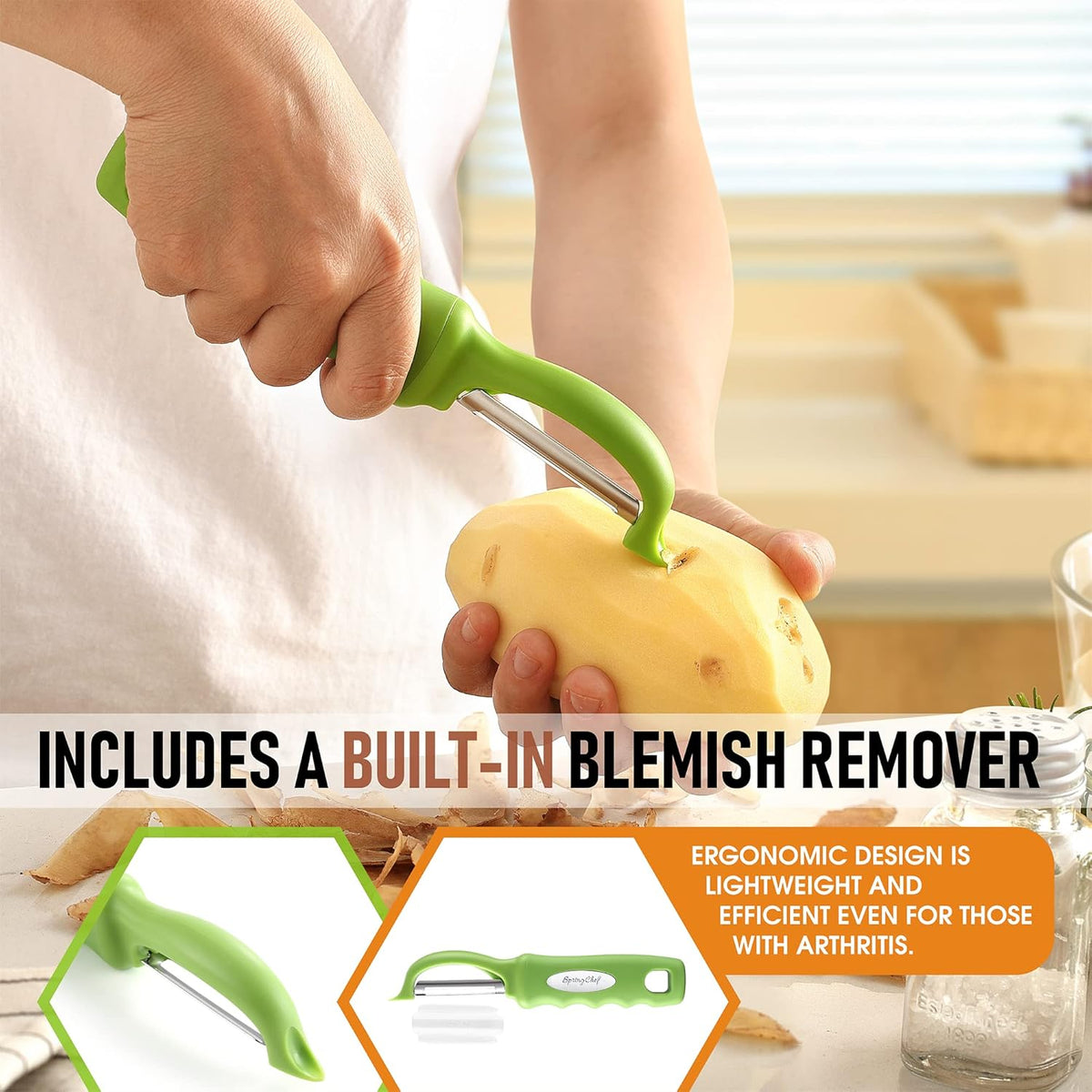 Spring Chef Premium Green Swivel Vegetable Peeler Set of 2, Stainless Steel Apple Peeler for Kitchen with Soft Grip Handle, Dishwasher Safe, Perfect for Potato, Carrot, Veggie, Fruit, Apple, Mango