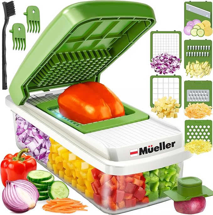 Mueller Vegetable Chopper, Mandoline Slicer, Food Veggie Chopper, Cheese Grater, Onion Vegetable Cutter with Container, Dicer, Kitchen Gadgets & Essentials, White Sand/Green