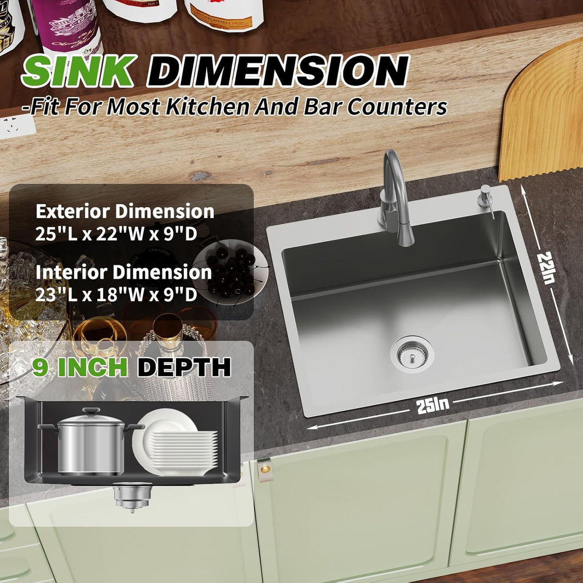 25x22 Inch Stainless Steel Kitchen Sink - Drop In Single Bowl Topmount Modern Kitchen And Bar Sink With Silicon Mat,Drain Strainer Set Compatibility With Various Kitchen&Bar Style