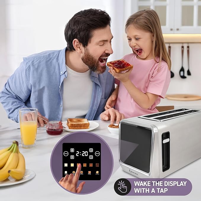 Inspirex Touch Screen Toaster - 4 Slice Long Extra-Wide Slots - 5 Bread Type and 6 Browning Levels - Defrost, Reheat, Favorite, Single Slot Settings - Stainless Steel