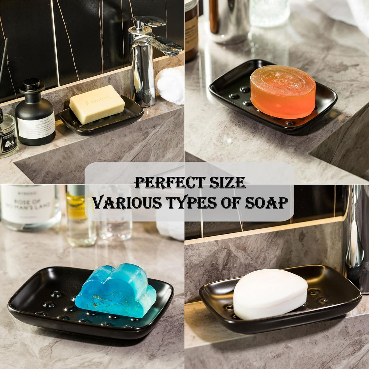Soap Dish, Ceramic Soap Holder Shower Soap Dish for Bar Soap Sponge, Soap Saver Tray for Bathroom Kitchen Sink, Black
