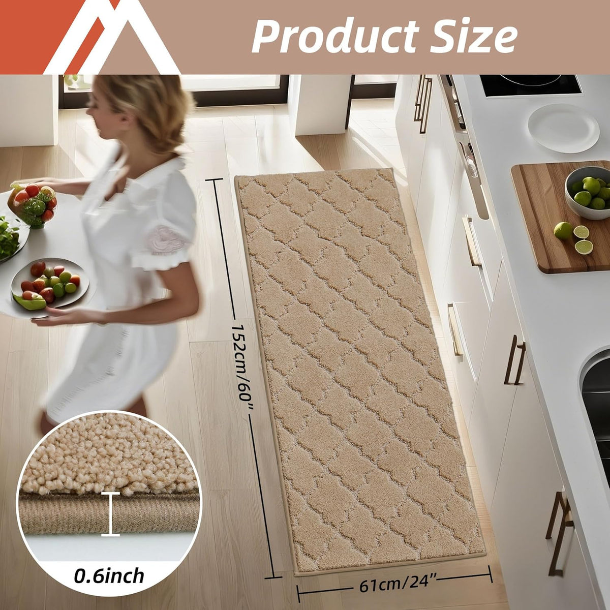COSY HOMEER-Kitchen-Rugs-Non-Slip-Washable 24"x60" Absorbent Kitchen Runner Rug Polyester Kitchen Mats for Floor Soft Standing Floor Mats for Sink Mat,Hallway,Laundry,Beige