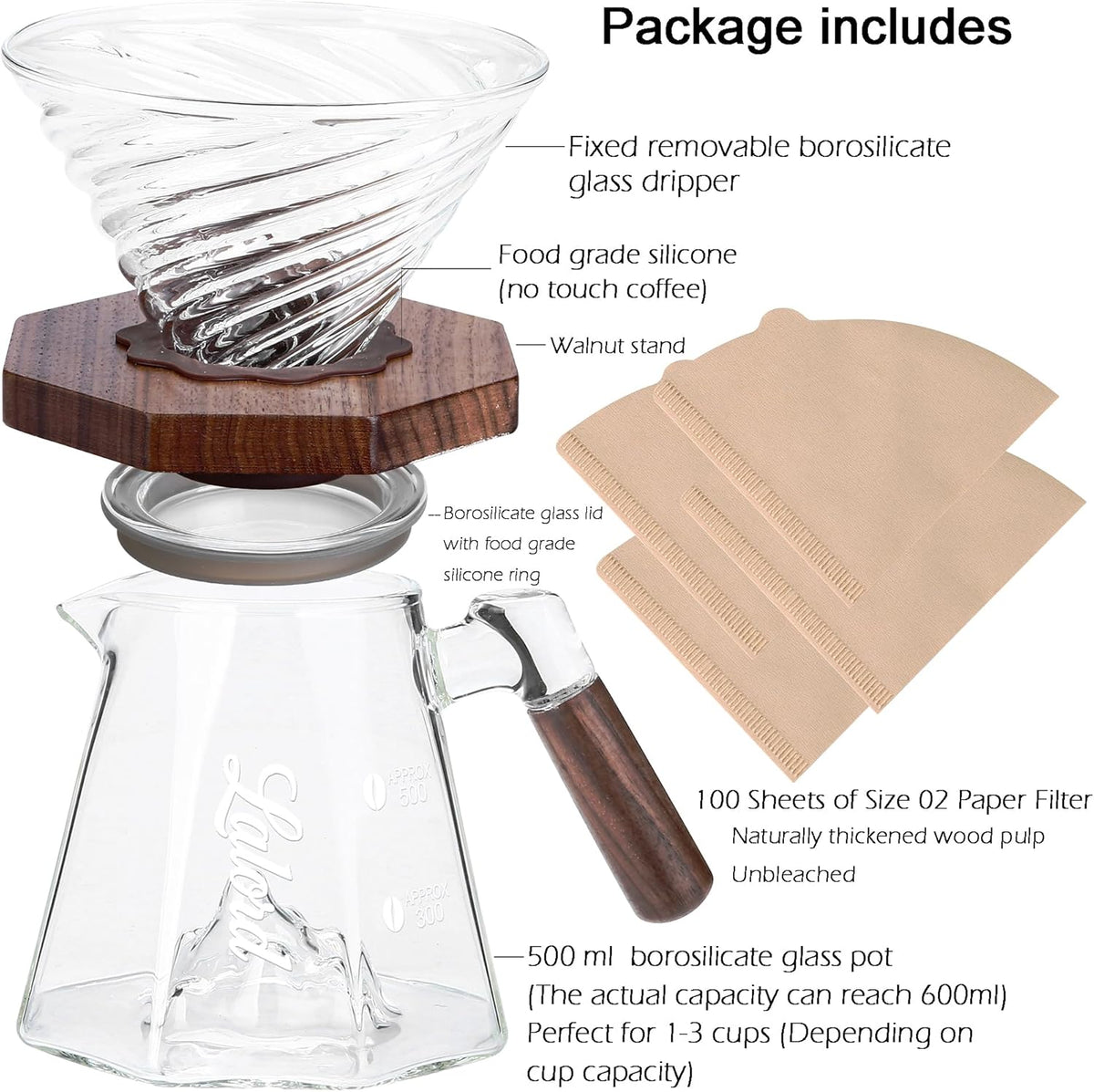 Pour Over Coffee Maker, 20 oz Borosilicate Glass Set with 100 pcs V60 Paper Filter, Walnut Collar & Glass Lid, Drip Coffee Maker, 1-3 Cups, Clear (B-600 ml Set)