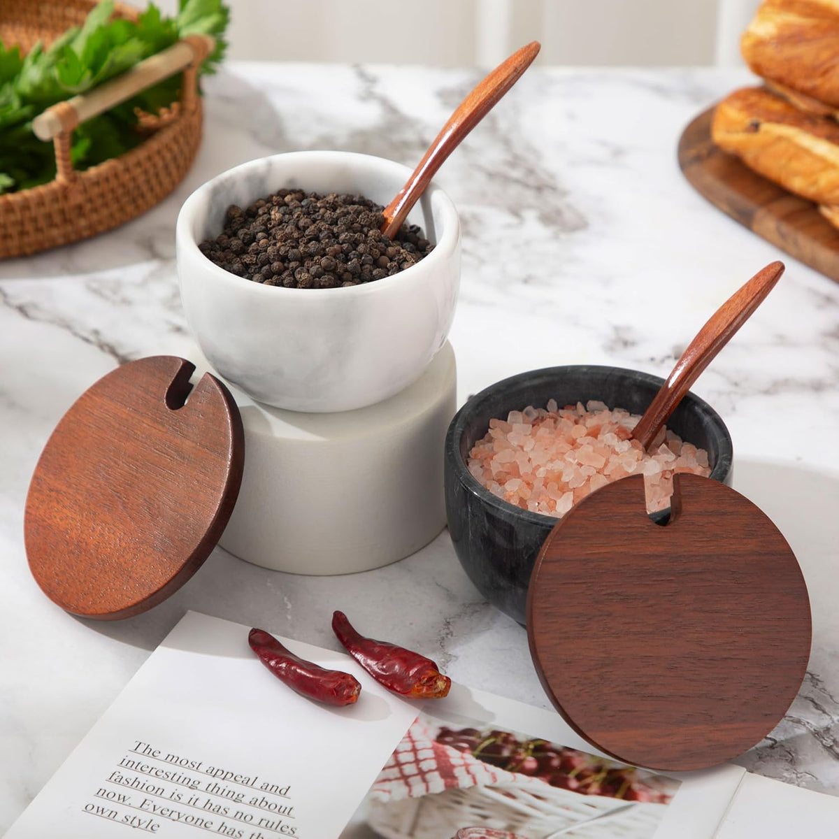Marble Salt Cellar with Lid & Spoon, 11oz Salt and Pepper bowls, Handcrafted from Natural Marble, Smooth Inside ((white+black) bowl)