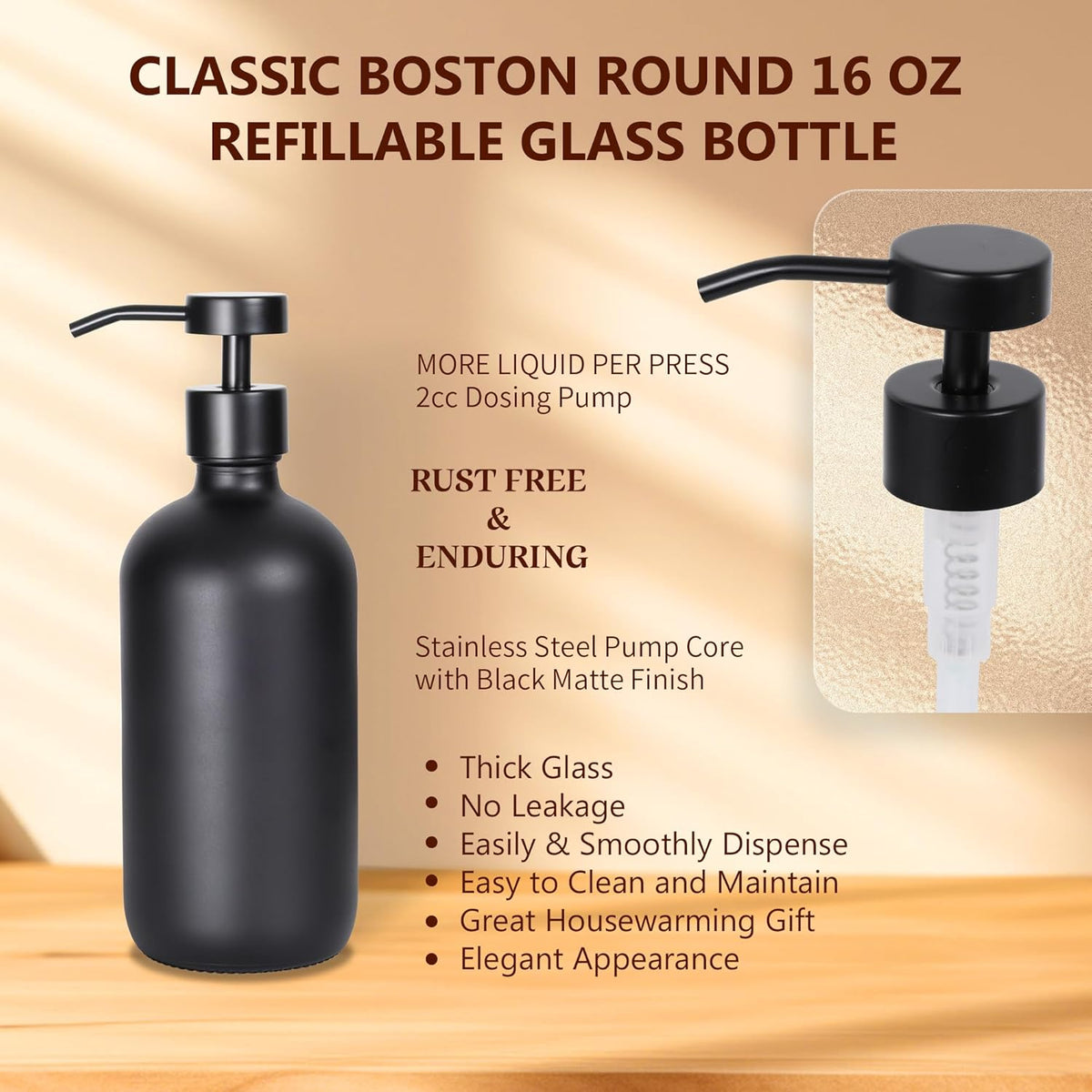 Set of 5 Kitchen Soap Dispenser Set 16 Oz Glass Hand Dish Soap Dispenser with Stainless Steel Pump, Cement Tray, Dish Scrub Brush for Farmhouse Rustic Home Bathroom Decor (Black)