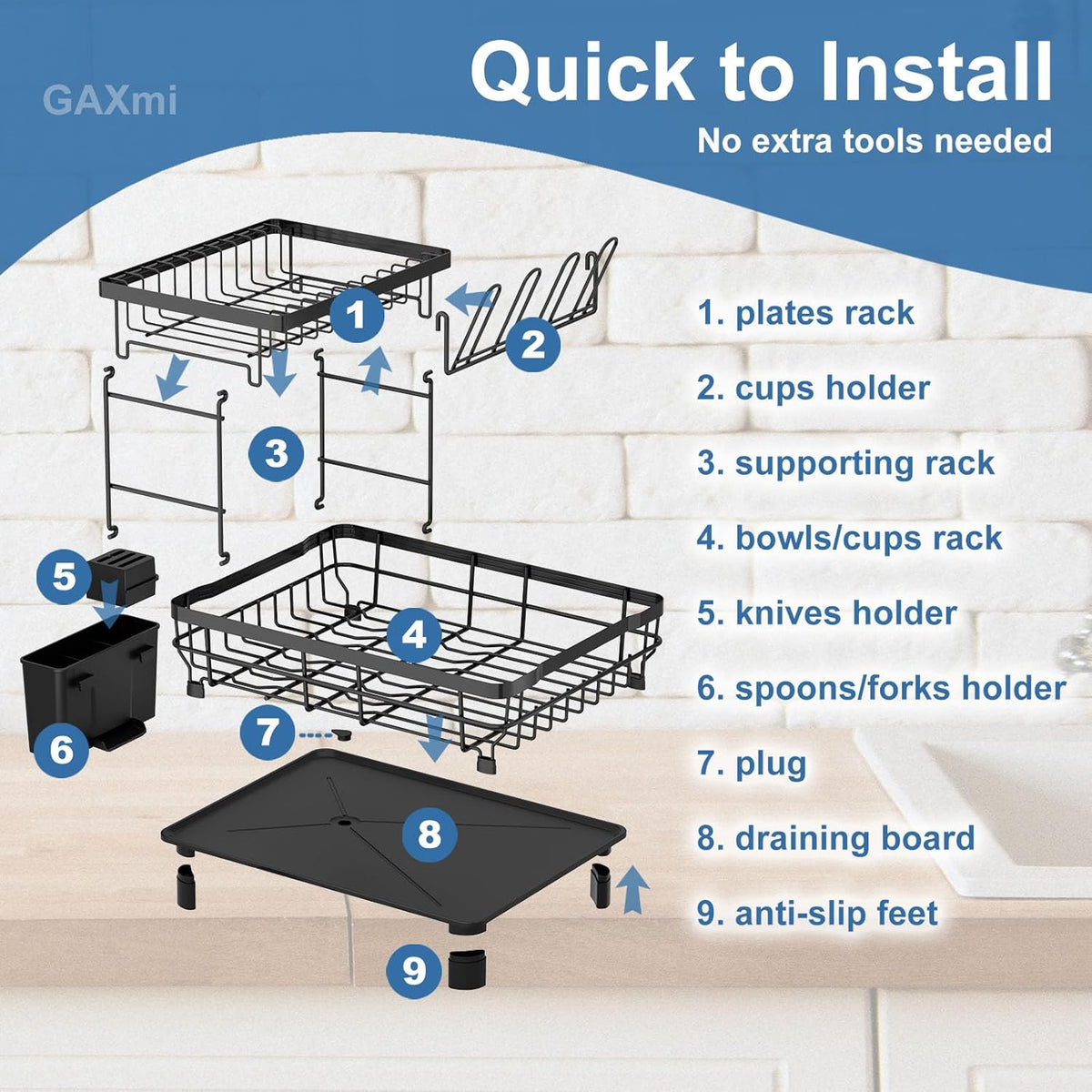 GAXmi Dish Drying Rack Over The Sink Drainer with Drainboard Utensil Holder Cup Holder, 2-Tier Black