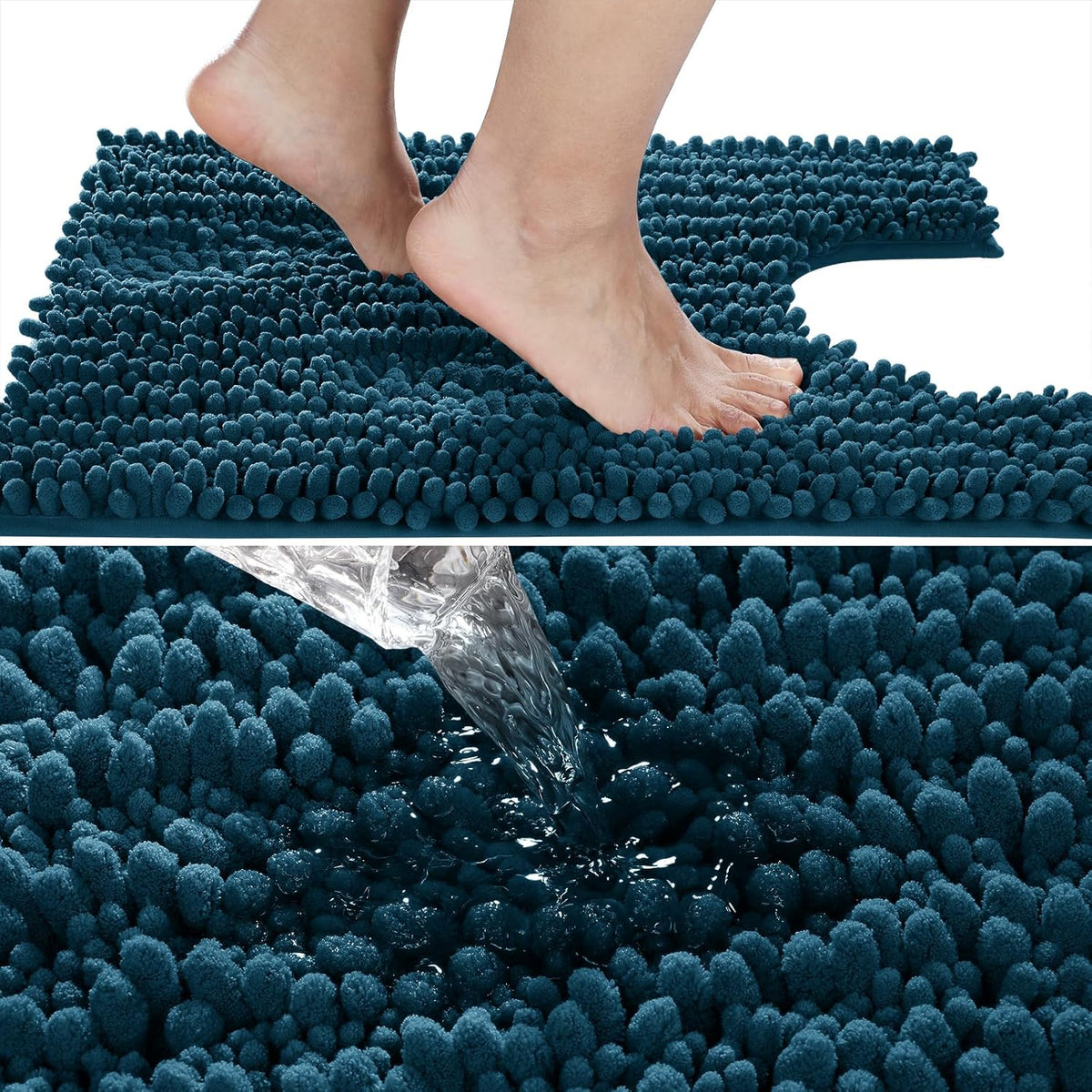 Yimobra Toilet Rug U Shaped Washable 24x20 Inch - Ultra Soft Absorbent Chenille Bath Rugs for Toilet, Quick Dry & Machine Washable, Non Slip Contour Bathroom Mat, Peacock Blue